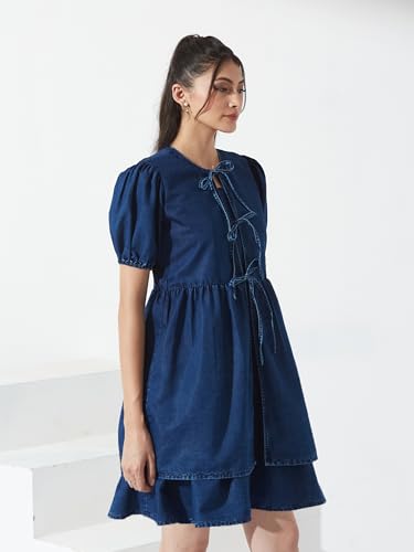 Miss Chase Women’s Round Neck Puff Sleeve Tie-Up Knee-Length Denim Dress (MCAW25DEN04-78-71-05, Navy Blue, L)