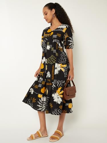Max Women Printed Tiered Dress (Black_L)