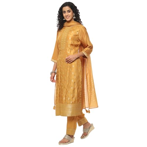 BIBA Women YARNDYED STRAIGHT SALWAR KURTA DUPATTA(SKD9645_MUSTARD_34)