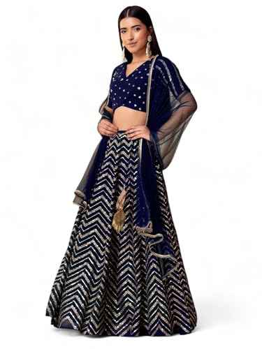 Zeel Clothing Women's Sequins Zari Embroidered Georgette Designer Lehenga Choli with Dupatta (7094-Blue-Womens-Lehenga-Choli-Latest; Free Size) (Blue)