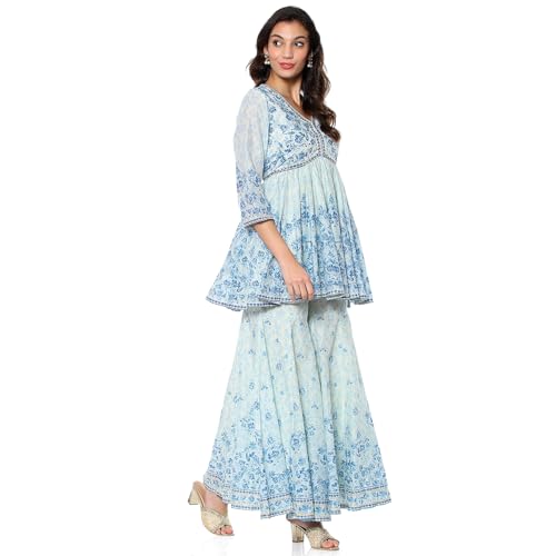 BIBA Women's Cotton Kurta Sets (SKDAMBER9533AW24AQU_Aqua Blue