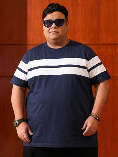 Bigbanana Men Plus Size Colorblock Navy Round Neck Tshirt (Bridge,Navy,5XL)