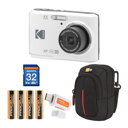 Kodak PIXPRO FZ45 Friendly Zoom Digital Camera (White) Bundle with 32GB Memory Card, Travel Organizer and Storage Case, Alkaline Batteries, and SD Reader (5 Items)