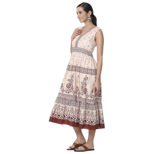 Biba Women's Cotton Tiered Mid-Calf Length Casual Dress (WABISABI3015SS25WHTRST_White-Rust