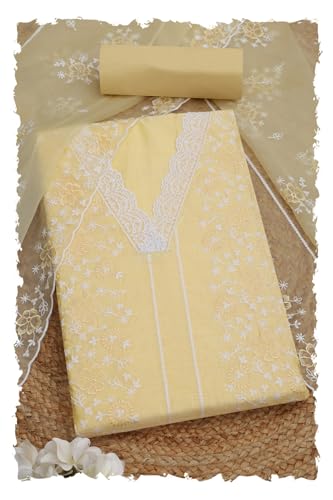 Soch Womens Light Yellow Chanderi Embroidered Unstitched Dress Material With Thread Work