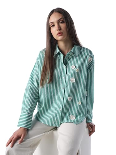 ONLY Women's Vertical Stripes Regular Fit Green Shirt