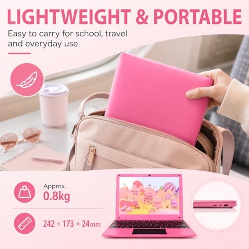 Fwmntu 10.1 Inch Android 13 Mini Laptop 2GB RAM 64GB Memory HD IPS Display 1280*800 Pixels Portable Netbook with Allwinner A133 CPU (Pink)