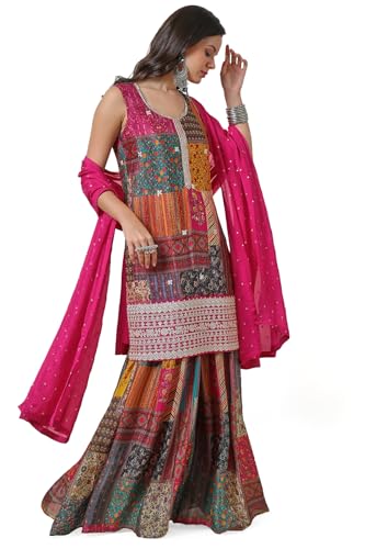 Soch Womens Fuchsia Chinon Abstract Print Suit Set With Zardosi