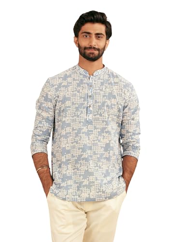 Manyavar Men's Cotton Printed Casual Short Kurta (Light Blue,XL)