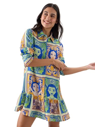The Souled Store Official Disney: Pretty Princesses Women and Girls Long Sleeve Button Front Mini Shirt Dresses Multicolour