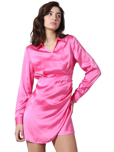 ONLY Women Solid Polyester Above Knee Pink Wrap Dress