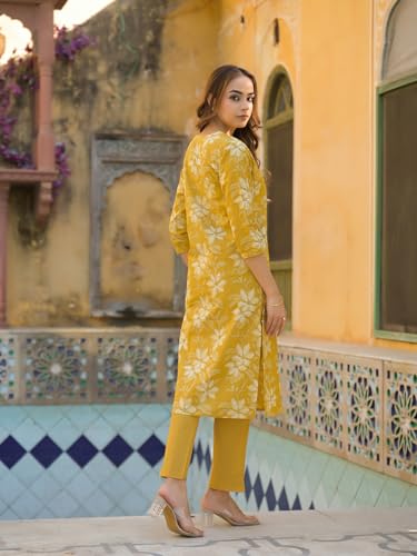 Divena Mustard Floral Print Cotton Straight fit Kurta Pant with Dupatta
