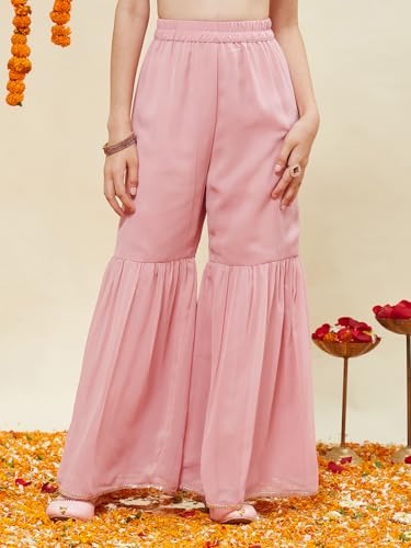 CURLY TALES ALPHA Girls Pink Sharara Set with Dupatta | Sleeveless Embellished Kurti with Gota Work | Ethnic Indian Dress for Kids | Traditional Festive Outfit for Wedding & Festivals