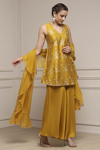 Biba Women Yellow Viscose Blend A-Line Printed Garara Suit Set_30