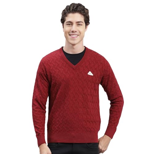 Monte Carlo Plum Self Design V Neck Pullover | Warm Woolen Pullover for Men | Soft Comfortable Knitted Winter Wear Sweater for Men's