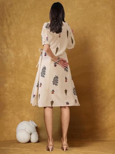 INDO ERA Women's A-Line Cotton Printed Floral Dress (White_IEOUT10068_Medium)