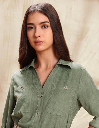 U.S. Polo ASSN. Women Solid Midi Shirt Dress (UWAW25DRS177_Olive_M)