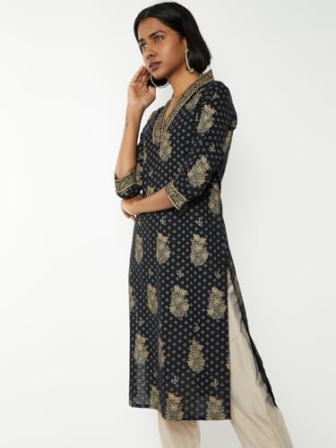 Max Women Printed Straight Kurta (Black_S)