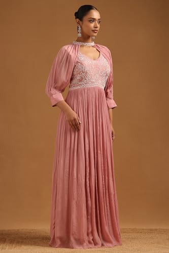 Soch Womens Blush Pink Chinon Floral Gown with Cutdana