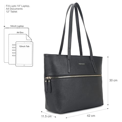 Fastrack Casual Laptop Tote Bag For Girls, Large Size With A Zipper Closure And Padded Laptop Compartment, Compatible With Laptops Up To 14 Inches, Double Handle Bag, Black