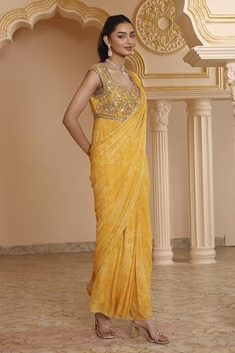 Biba Women Yellow Poly Georgette Digital Printed Gown Saree_38