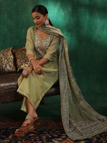 Libas Womens Yoke Design Silk Blend Straight Kurta With Trousers and Dupatta