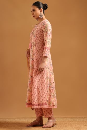 Soch Womens Pink Cotton Floral Printed Salwar Suit With Lace
