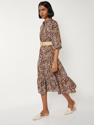 Max Women Printed Tiered Dress with Belt(Brown_M)