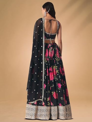 Zeel Clothing Women's Digital Print with Embroidered Chinnon Lehenga Choli With Dupatta (7098-Women-Lehenga-Choli-Latest, Free size) (Black)