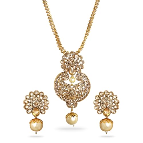 Rubans Women's 22K Gold-Plated Beige Cz-Studded Pearl Beaded Handcrafted Jewellery Set