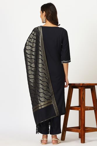 W for Woman Navy Blue Metallic Embroidered Straight Festive Kurta, Straight Pants and Jacquard Dupatta Set (Size: XS)-24AUWS11187-222209