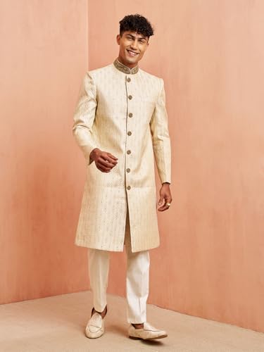 VASTRAMAY Men Cream Silk Sherwani - Maroon Motif Mandarin Collar Cutdana Work Wedding
