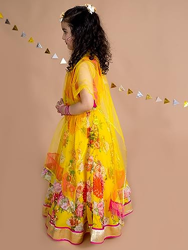 Pspeaches Girl's Yellow Pink Embroidered Polyester Readymade Lehenga Choli Set(Yellow-5-6Y)