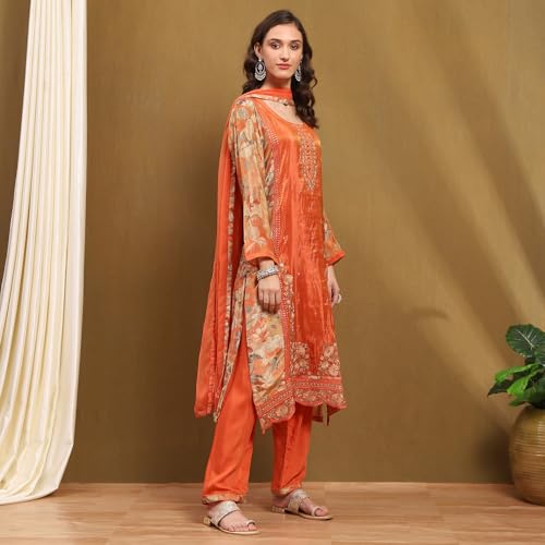 BIBA Women's Orange Viscose Blend Printed Unstitched Suit Set