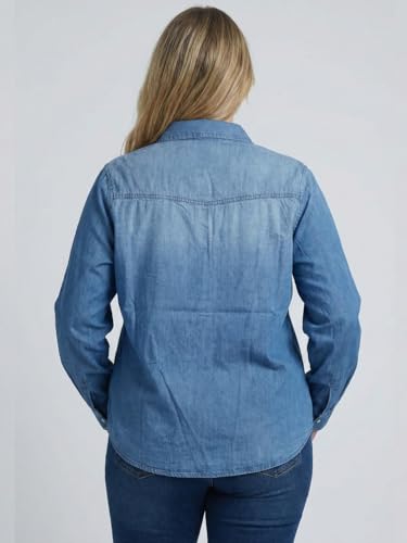 9 Impression Blue Solid Long Sleeve Plus Size Women's Denim Shirt with Flap Pocket On Chest (Blue; 4XL)