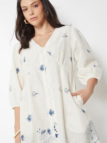 Max Women Floral Print A-Line Dress (Off White_S)