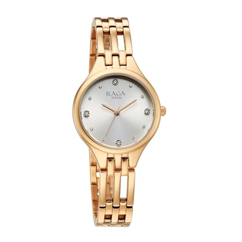 Titan Raga Showstopper 4.0 Quartz Silver Round Dial Women's Watch | Rose Gold Colour Band | Watches for Women Analog - 95356WM01
