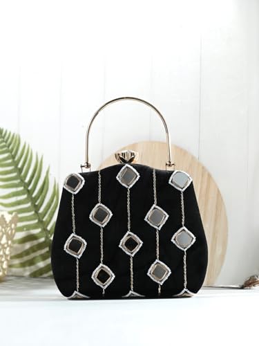 TOOBA Women's Black Mirror Handicraft Beautiful Bling Box Clutch Bag for Wedding, Banquet, Gift Family, & Friends