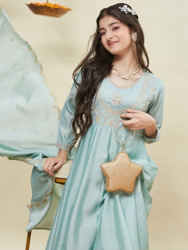 CURLY TALES ALPHA Girls Embroidered Anarkali Kurta Set with Dupatta | Ethnic Wear Sky Blue