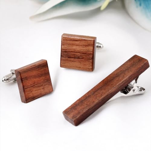 Peluche Walnut Stripes Teak Wood Silver Colored Cufflink and Tie Pin Set for Men