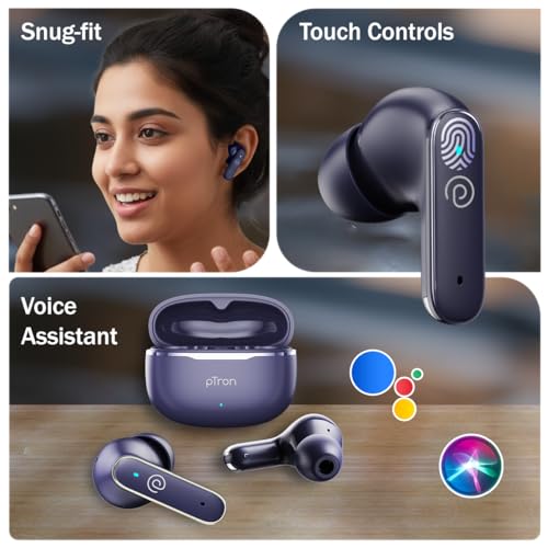 pTron Bassbuds Eon in-Ear TWS Earbuds w/ 13mm Drivers, 45Hrs Playtime, Dual HD Mic & TruTalk AI-ENC Calls, Custom EQ, Mobile App, Bluetooth v6.0 Headphones,Voice Assist., Type C Charging & IPX5 (Blue)