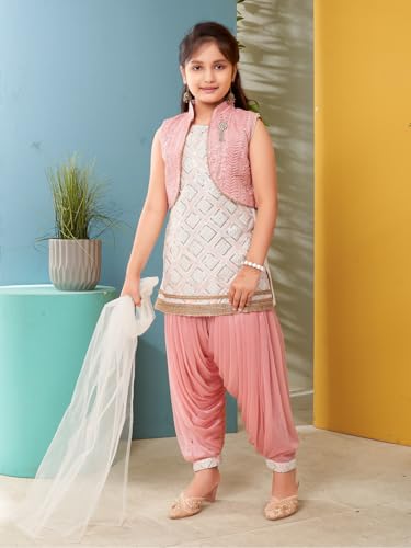 Aarika Girls Ethnic Wear White-Peach Colour Sequin Embroidery Lace Work Silk Kurti Patiala With Jacket (4-10 Years)