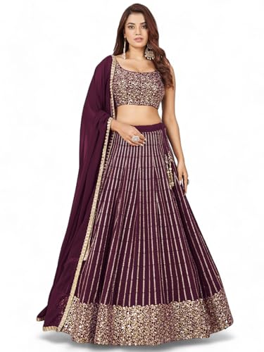 Zeel Clothing Women's Sequins Zari Embroidered Pure Georgette Lehenga Choli With Dupatta (5067-Wine-Wedding-Lehenga-Choli-Latest; Free Size) (Wine) | Finish Type: Semi-Stitched