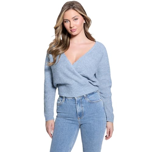 GUESS Women's Blue Ribbed V-Neck Long Sleeves Sweater