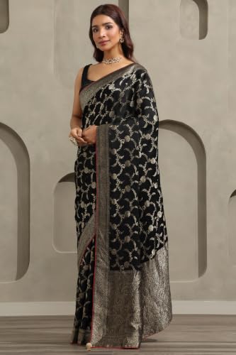 Soch Womens Black Crepe Botanical Zari Woven Saree