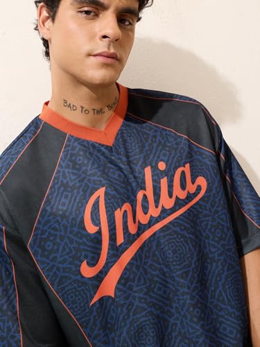 The Souled Store Cricket Men and Boys Short Sleeves V-Neck Black Graphic Printed Sporty Casual Lightweight Drop Shoulder Streetwear Easy Dry Trendy Oversized Jerseys