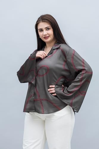 PURYS Women's Olive Abstract Print Plus Size Slit Sleeves Satin Shirt, 3X-Large