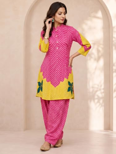 Varanga Women Hot Pink A Line Kurta Salwar Set Mandarin Collar