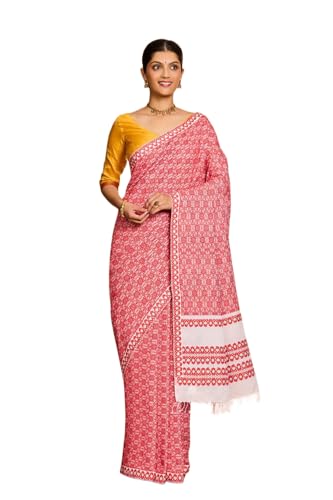 Taneira Women Red Assam Woven Pure Cotton Saree with Unstitched Blouse Piece (SAIH01AB9955-Red)