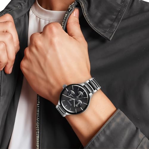 Titan Ceramic Fusion Quartz Multifunction Black Dial Two Toned Silver and Black Stainless Steel Bracelet Watch for Men - NT90148KD01